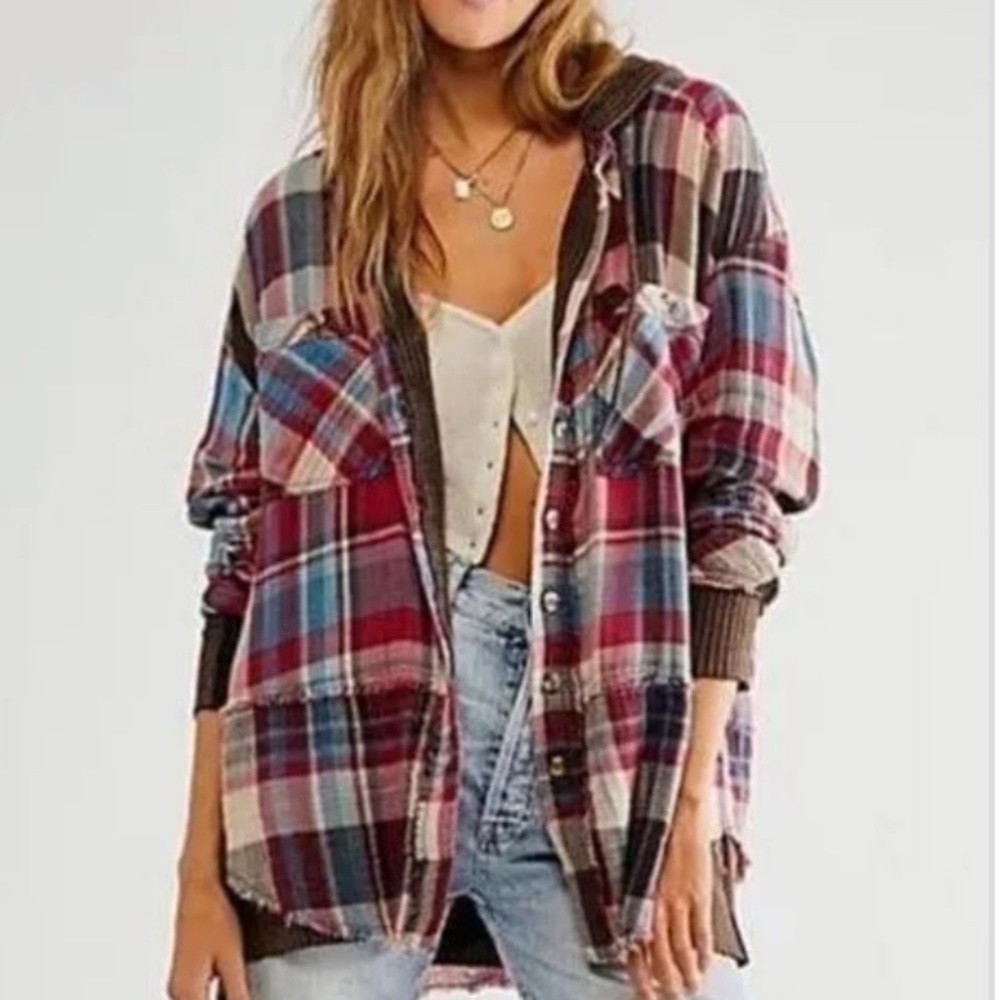 We the Free Casual Plaid Button-Up Shirt Jacket - Red and Brown Multi
